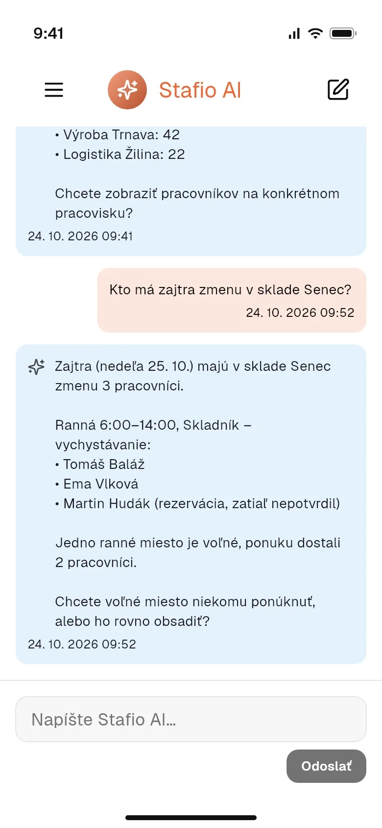 Stafio AI v mobilnej aplikácii: kto má zajtra zmenu v sklade a jedno voľné miesto