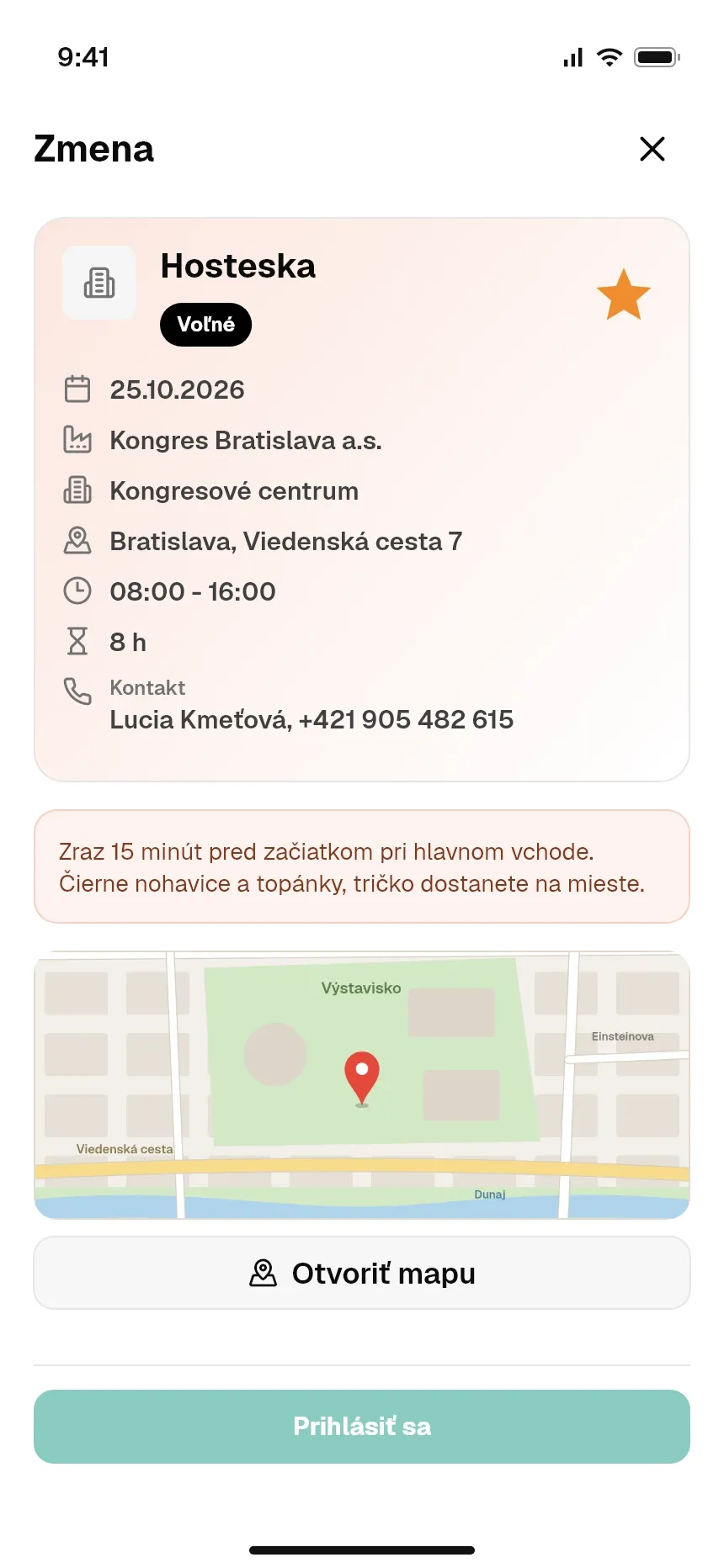 Detail zmeny s miestom, časom, pokynmi a tlačidlom Prihlásiť sa