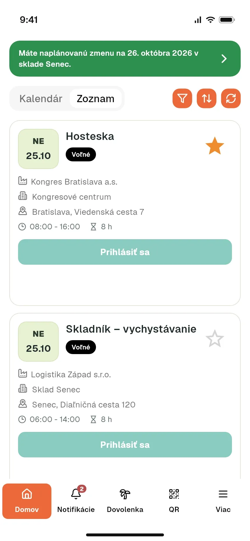 Voľné zmeny v mobilnej aplikácii pracovníka s tlačidlom Prihlásiť sa