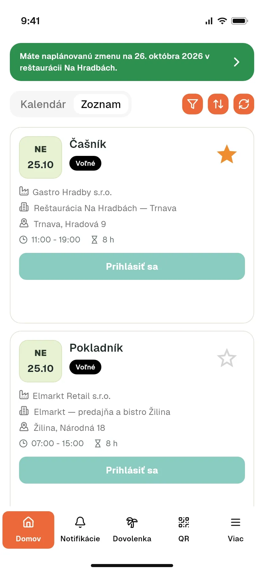 Voľné zmeny v mobilnej aplikácii personálu