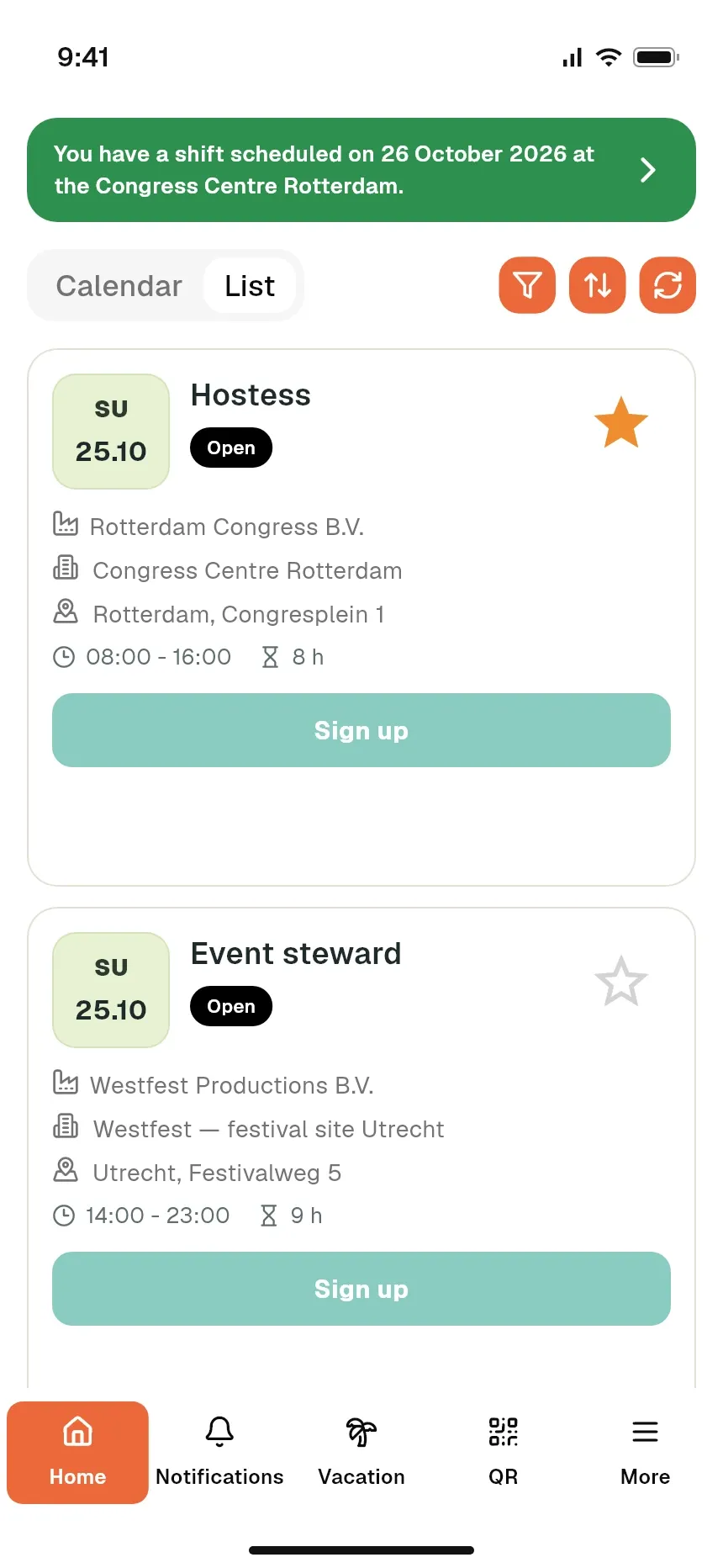 Turnos de eventos disponibles en la app móvil del trabajador
