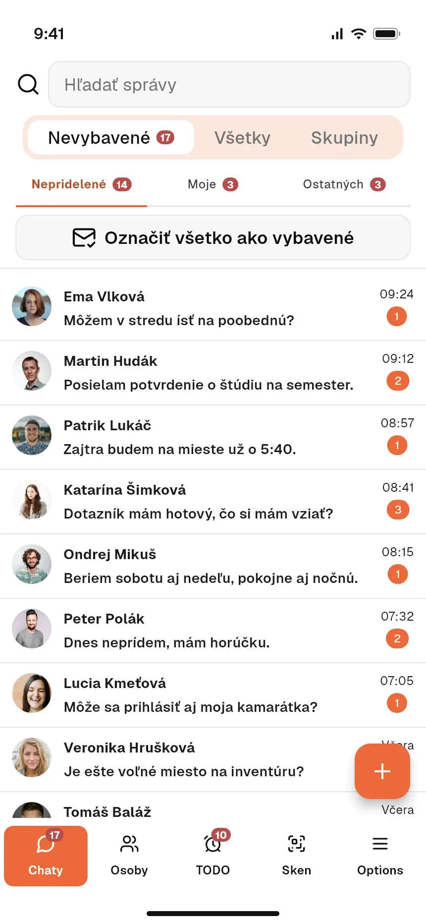 Prehľad chatov s pracovníkmi v mobilnej aplikácii koordinátora