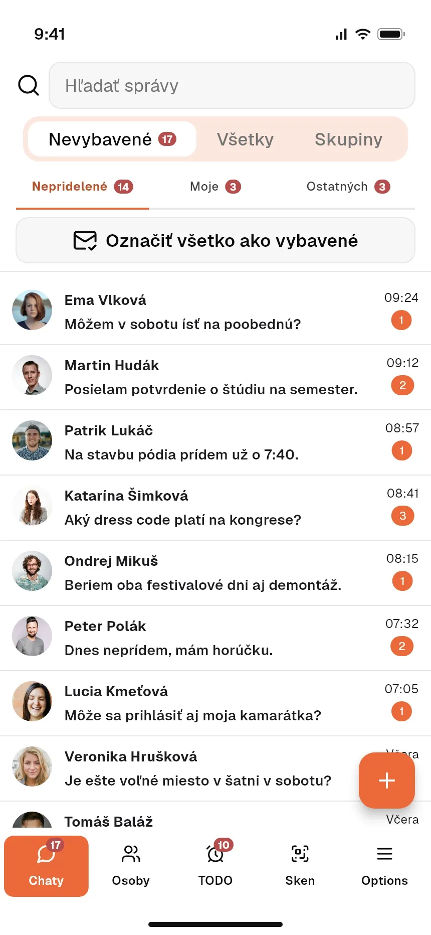 Chaty s personálom akcie v mobilnej aplikácii koordinátora