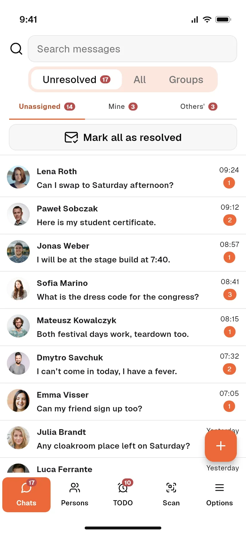 Chats con el personal de un evento en la app móvil del coordinador