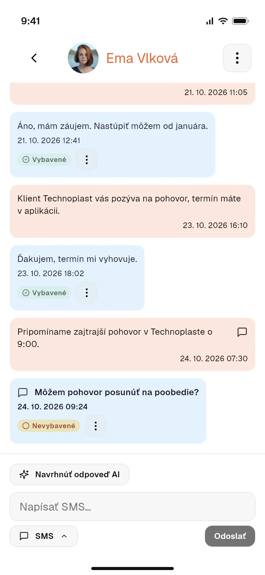 Konverzácia s uchádzačom v mobilnej aplikácii