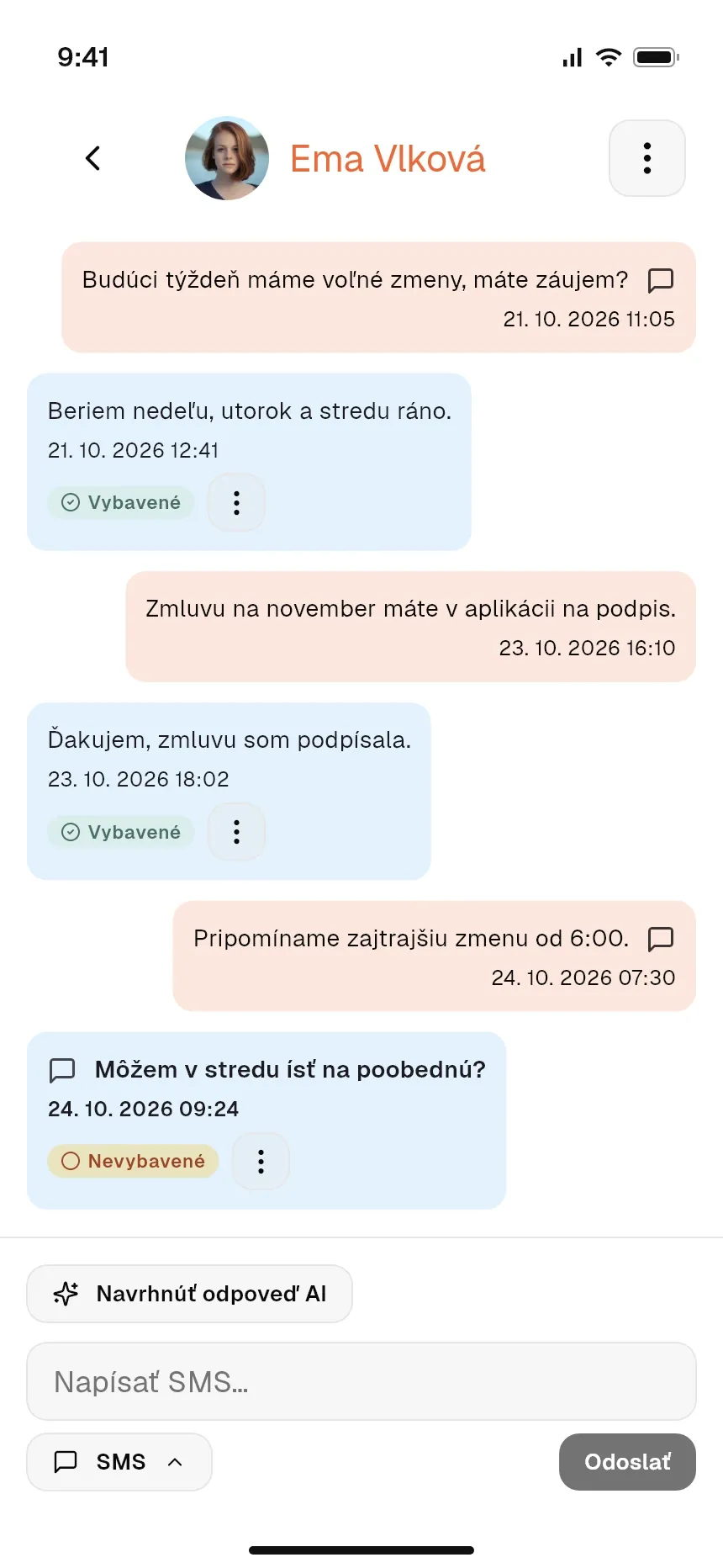 Konverzácia s pracovníkom a návrh odpovede od Stafio AI