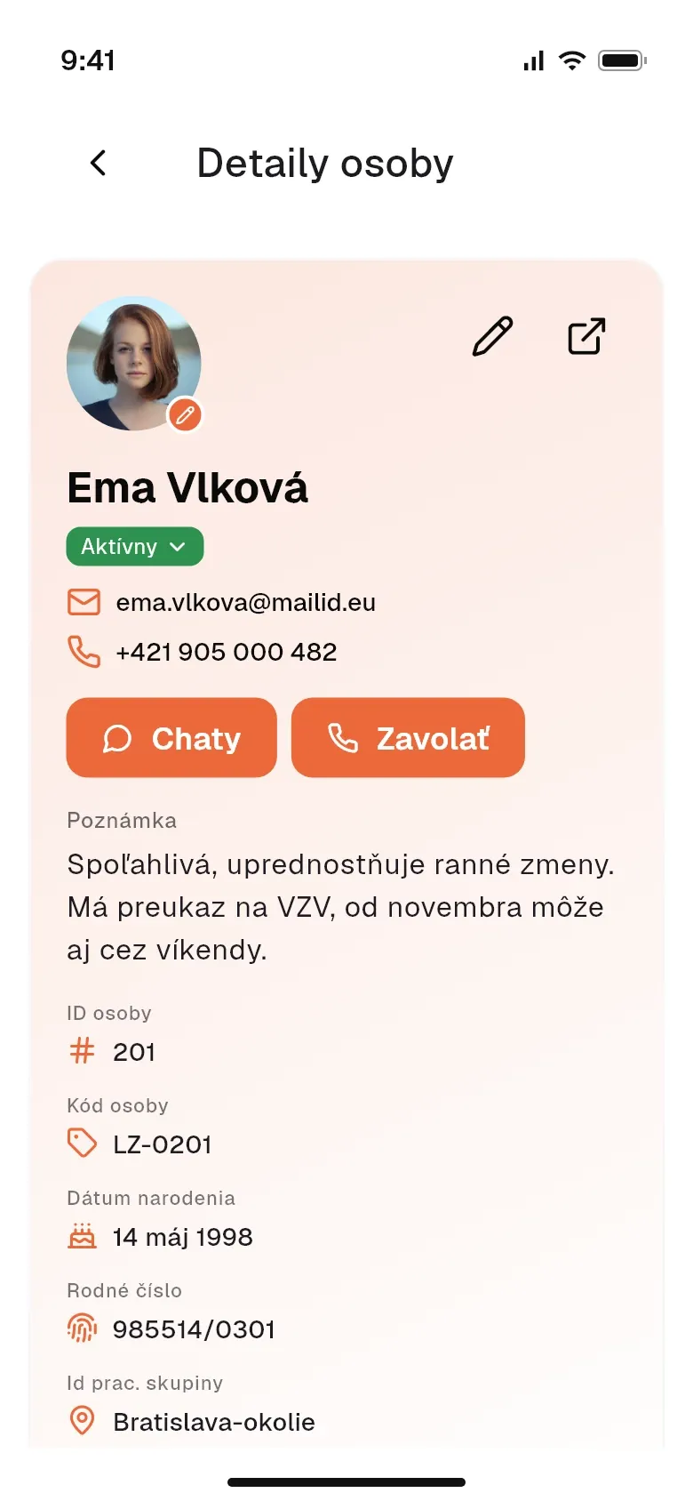 Karta pracovníka v mobilnej aplikácii koordinátora