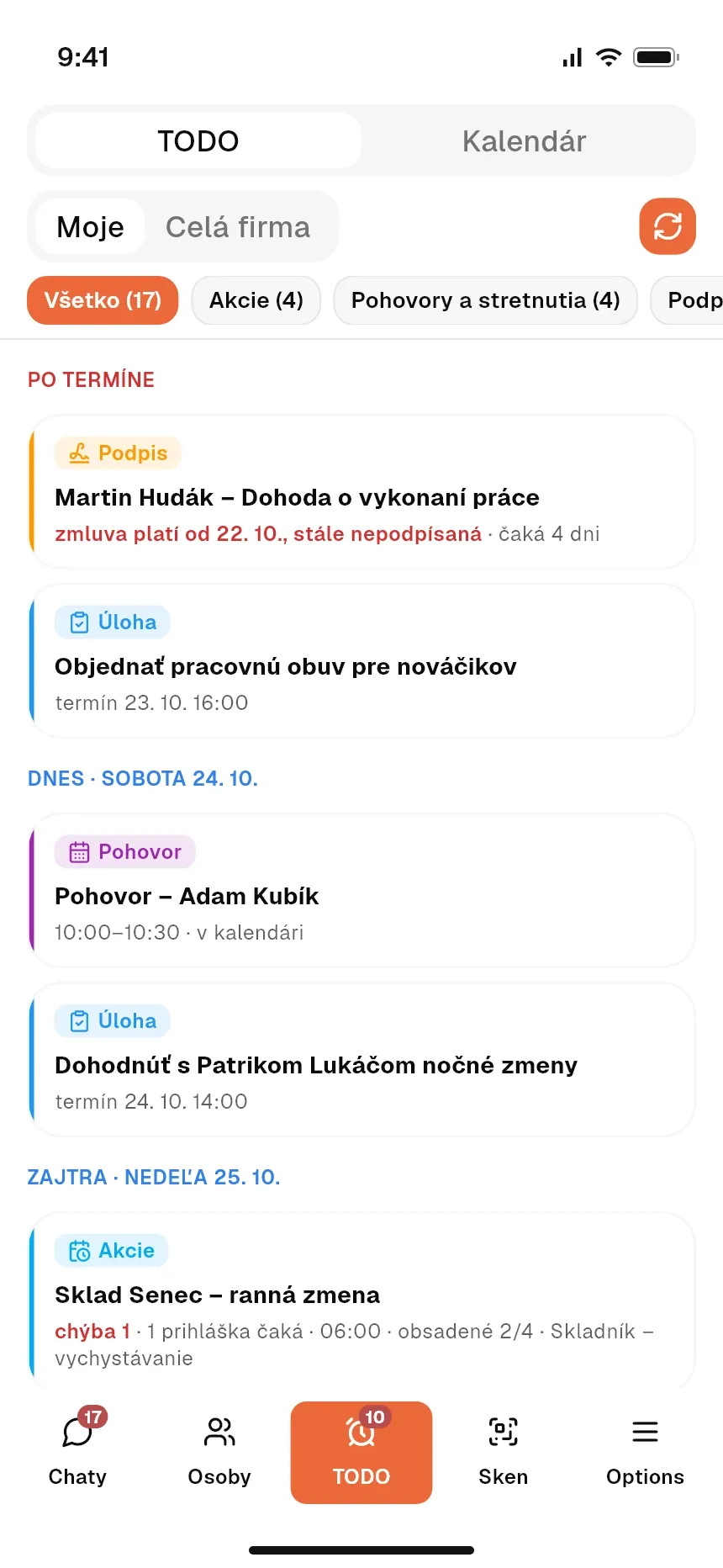 Zoznam čakajúcich úloh: schválenia, podpisy, dotazníky a testy