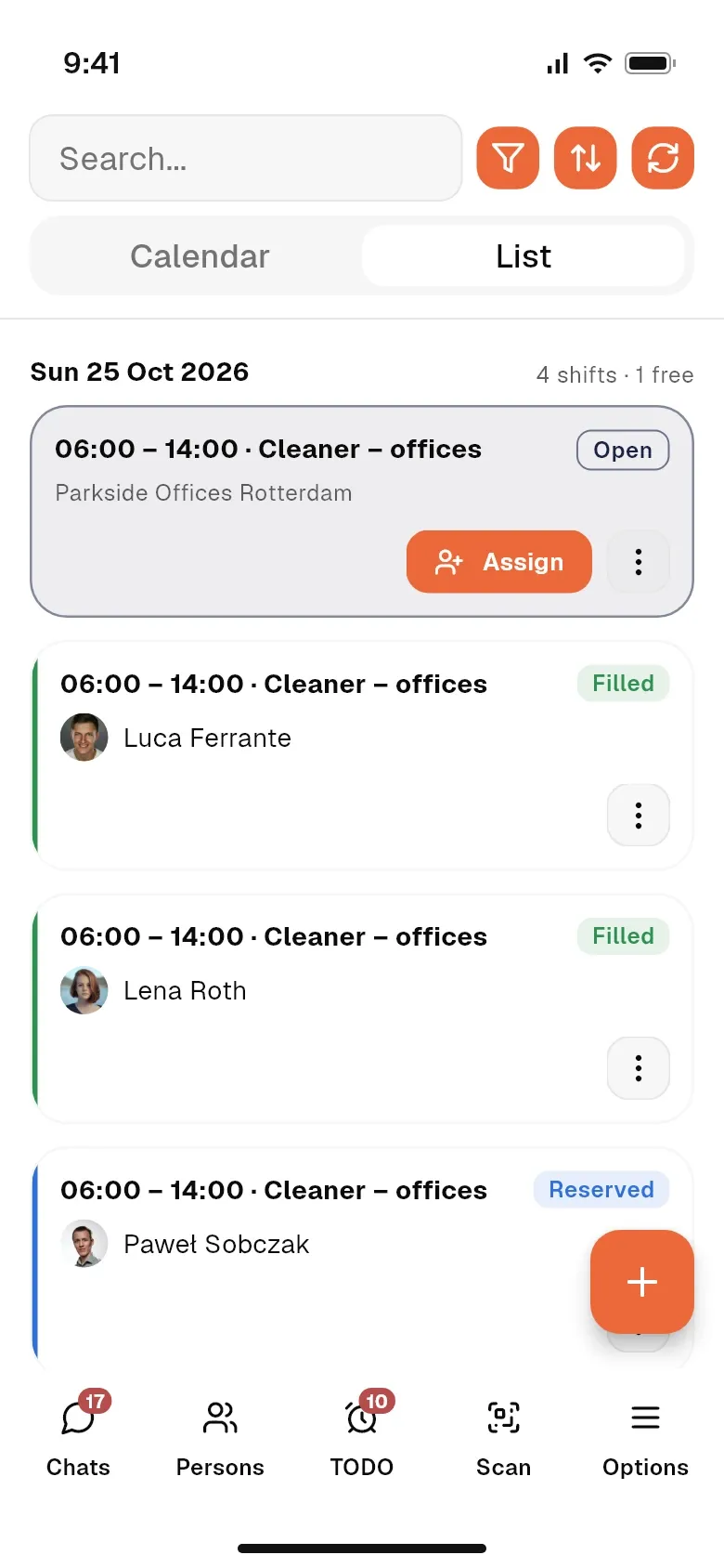 Schichten an Einsatzorten in der mobilen App für Koordinatoren