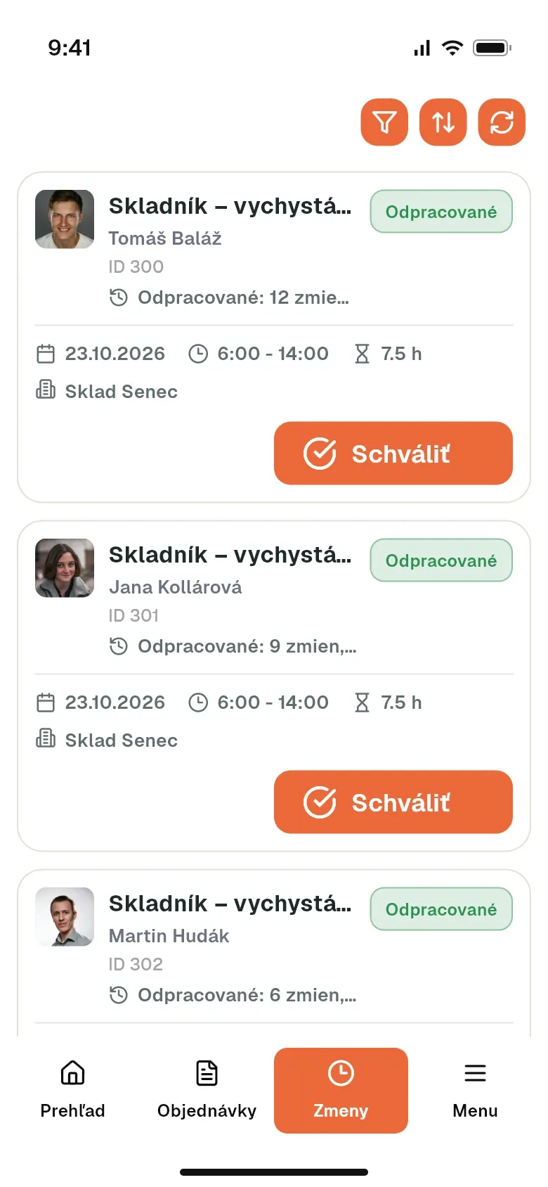 Odpracované zmeny brigádnikov s tlačidlom Schváliť