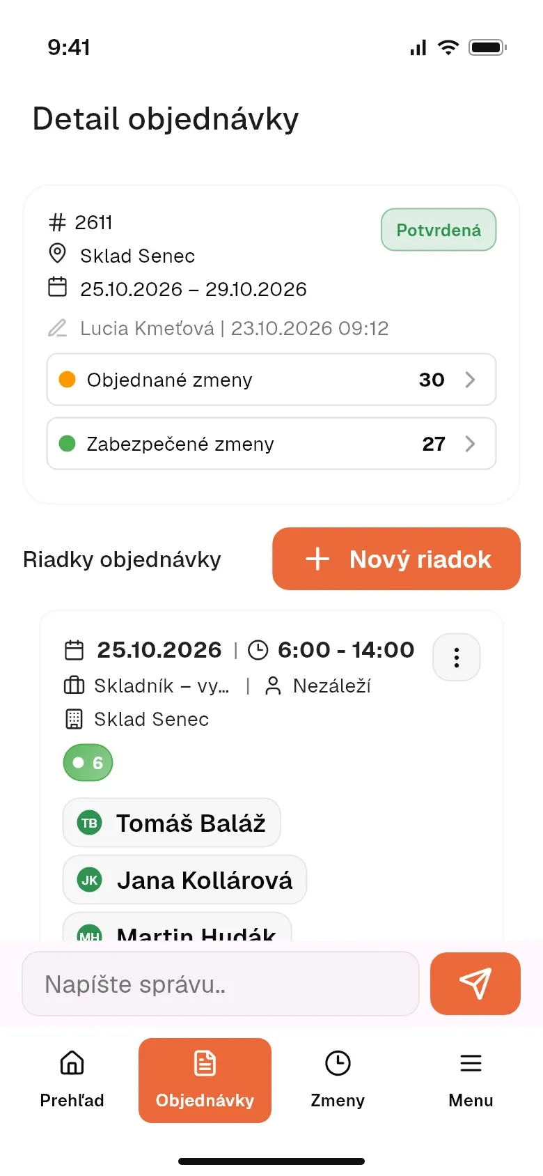 Detail objednávky s riadkami a menami priradených brigádnikov