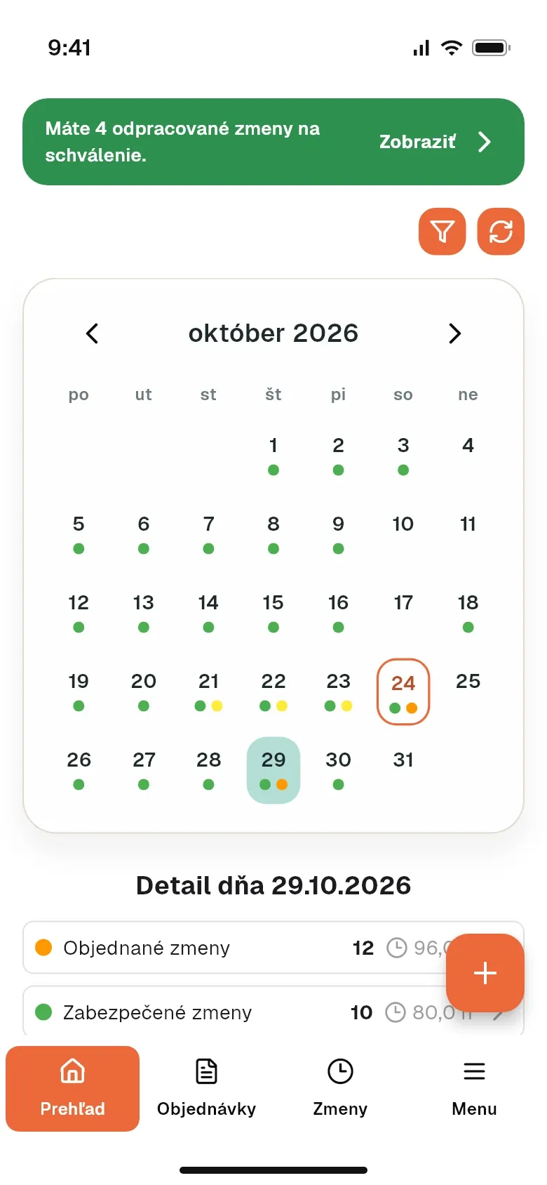 Kalendár obsadenosti s objednanými a obsadenými zmenami