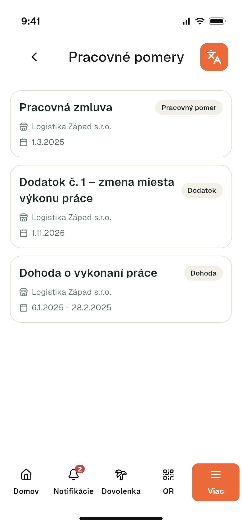 Prehľad pracovných zmlúv, dodatkov a dohôd zamestnanca