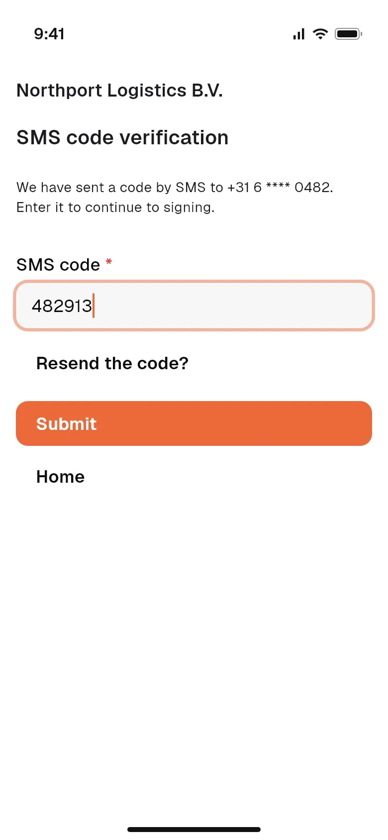 Inserimento del codice SMS prima di firmare un documento