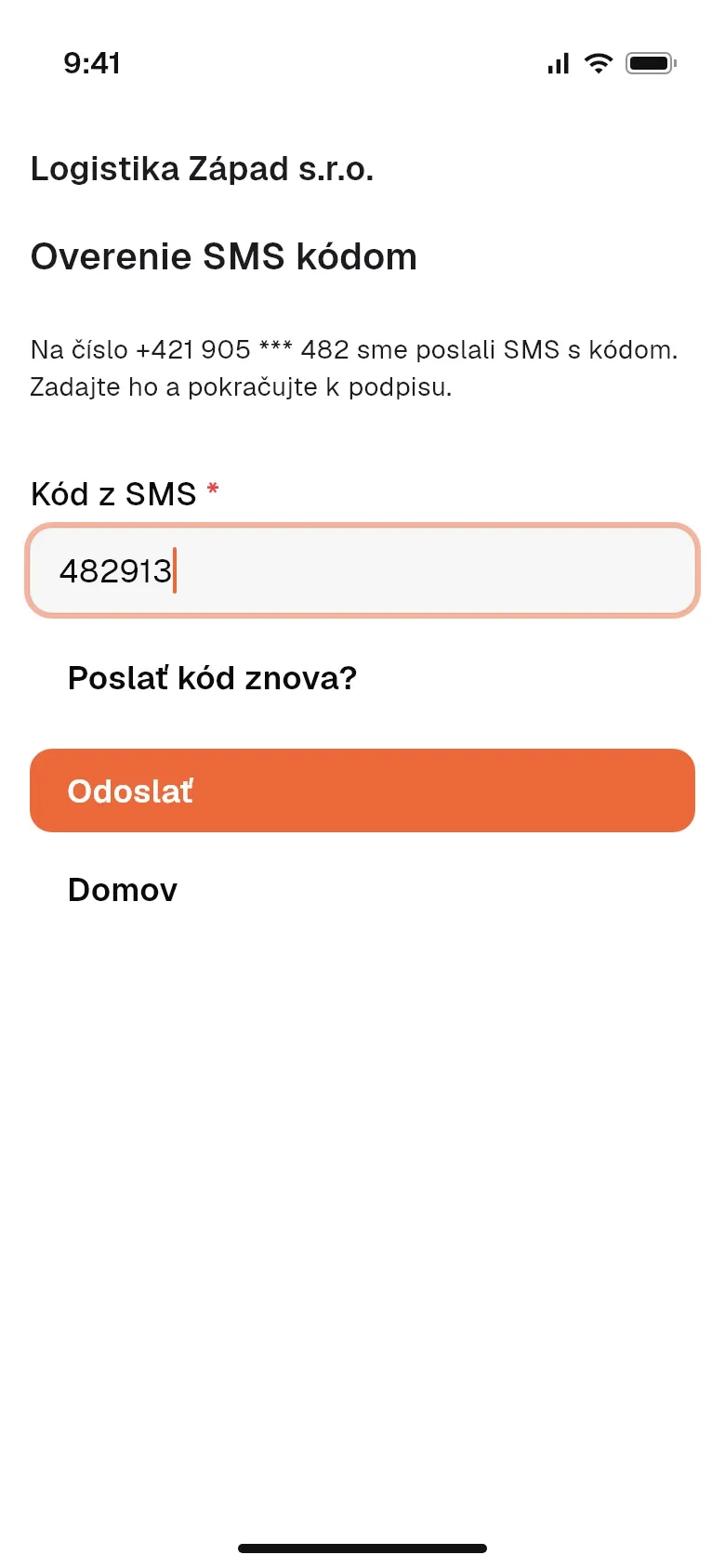 Zadanie SMS kódu pred podpisom dokumentu