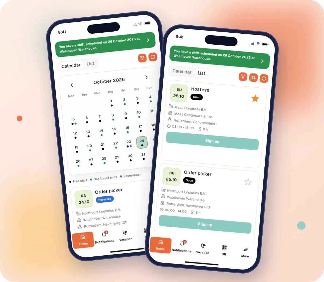 Calendario dei turni e offerte di turni liberi nell’app mobile per lavoratori temporanei