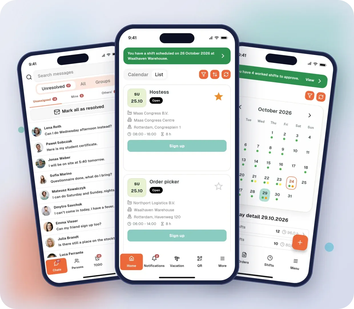 App mobile Stafio GO: chat del coordinatore, turni liberi per un lavoratore temporaneo e panoramica della copertura per un cliente