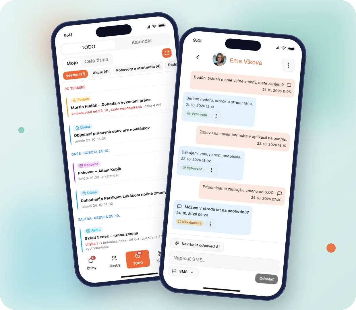 Čakajúce úlohy na schválenie a konverzácia s pracovníkom s návrhom odpovede od Stafio AI v mobilnej aplikácii