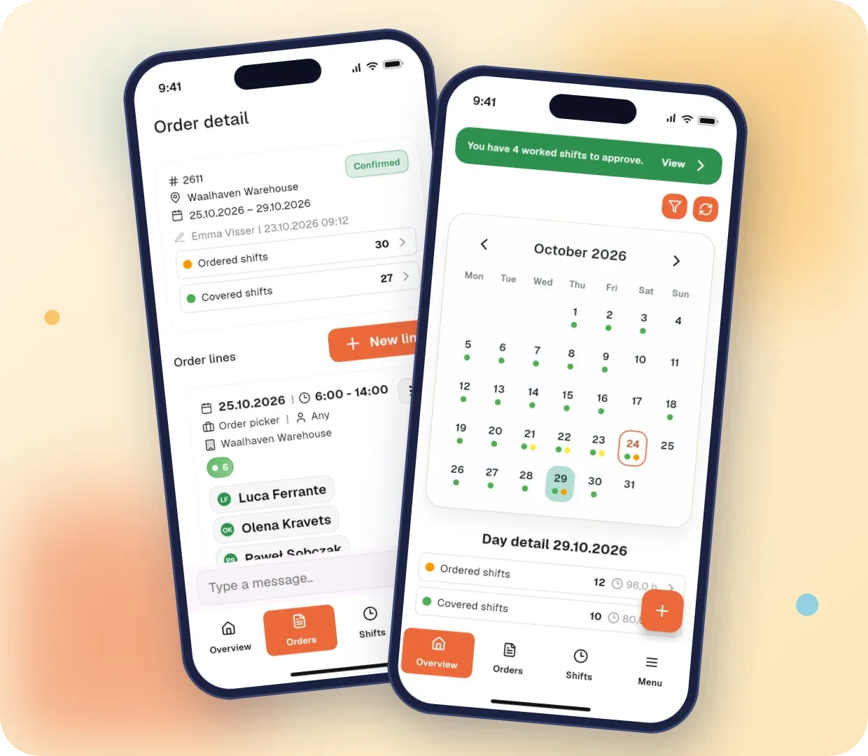 Dettaglio di un ordine con i lavoratori temporanei assegnati e un calendario della copertura dei turni nell’app mobile per clienti