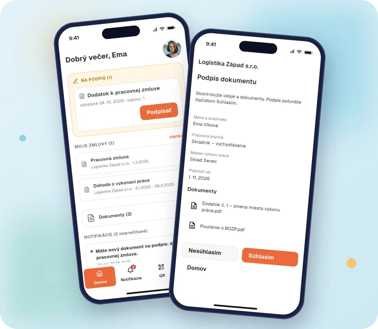 Dokument na podpis, zmluvy zamestnanca a podpis dodatku v mobilnej aplikácii