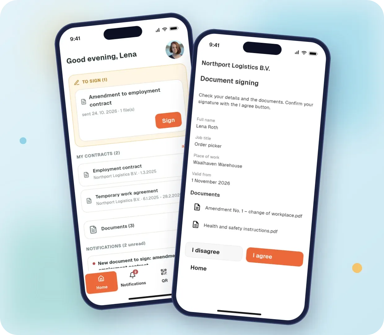 Un documento da firmare, i contratti del dipendente e la firma di un addendum nell’app mobile