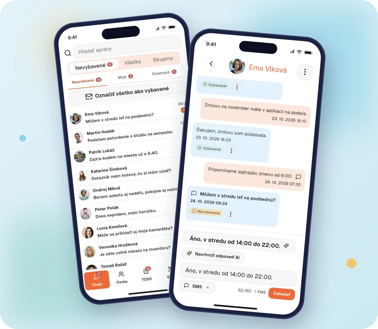Prehľad chatov s pracovníkmi a konverzácia s návrhom odpovede od AI v mobilnej aplikácii